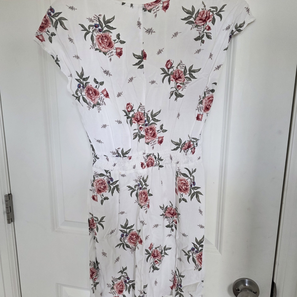 Floral V-Neck Summer Dress - White with Pink Rose Print - Picture 4 of 7